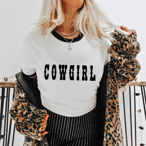 
            
                Load image into Gallery viewer, Close up of blonde model wearing a white ringer tee with Cowgirl text printed on the front
            
        